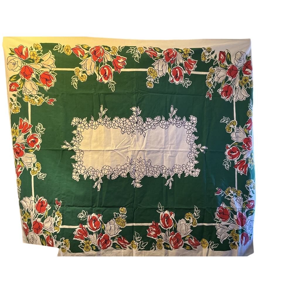 Vintage Cloth Tablecloth Floral Tulips Red Gray Green 50" x 60"Simtex